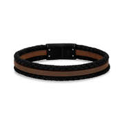 Triple Row Black and Brown Engravable Steel Leather Bracelet